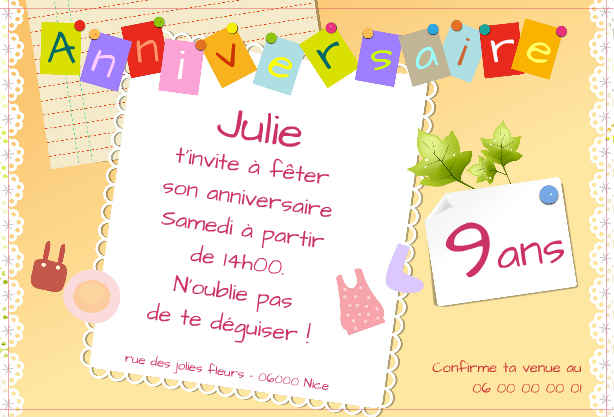 Texte carton invitation anniversaire enfant