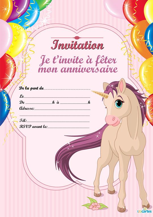 Carte d'invitation pour anniversaire licorne