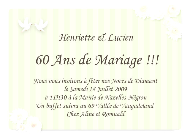 Carte invitation anniversaire mariage 60 ans