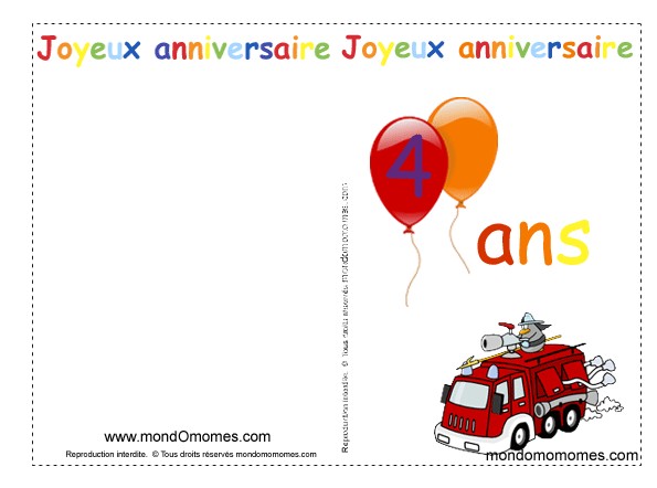 Carte invitation anniversaire gratuite à imprimer garçon 4 ans
