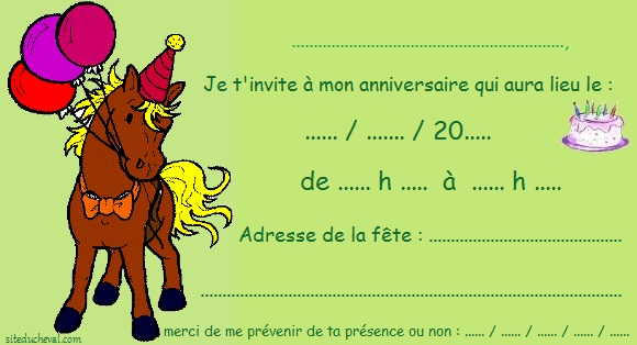 Carte d'invitation anniversaire fille poney