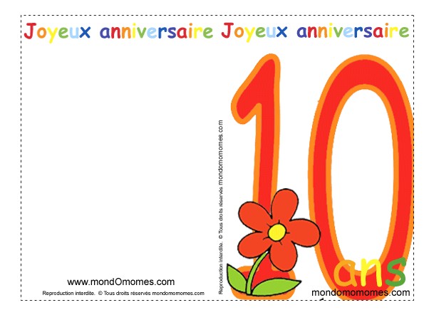 Carte joyeux anniversaire 10 ans gratuite à imprimer