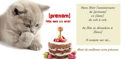 Carte d'invitation anniversaire gratuite à imprimer chat
