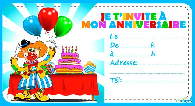 Carte d'invitation anniversaire de clown gratuite à imprimer