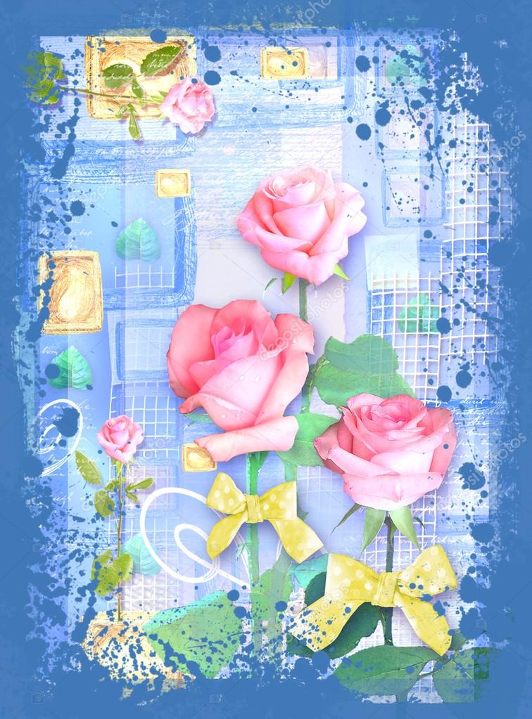 Carte anniversaire rose bleue