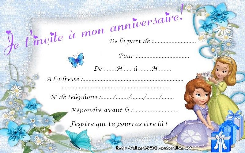 Carte invitation anniversaire princesse sofia