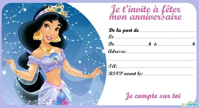 Carte d'invitation anniversaire gratuite à imprimer princesse
