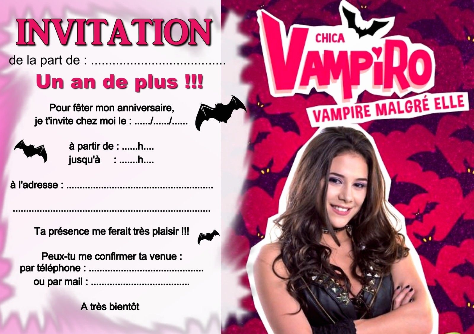 Carte invitation anniversaire chica vampiro à imprimer