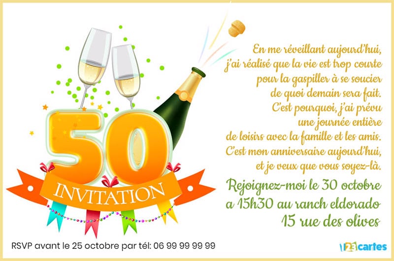 Carte invitation anniversaire 50ans