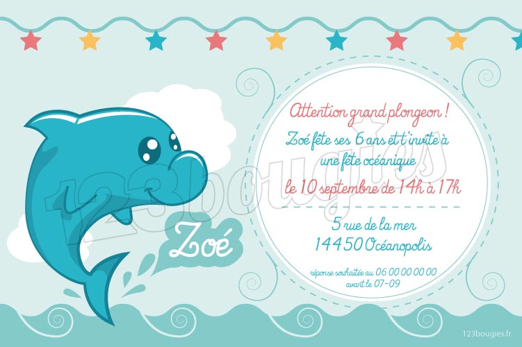 Carte d'invitation anniversaire dauphin à imprimer