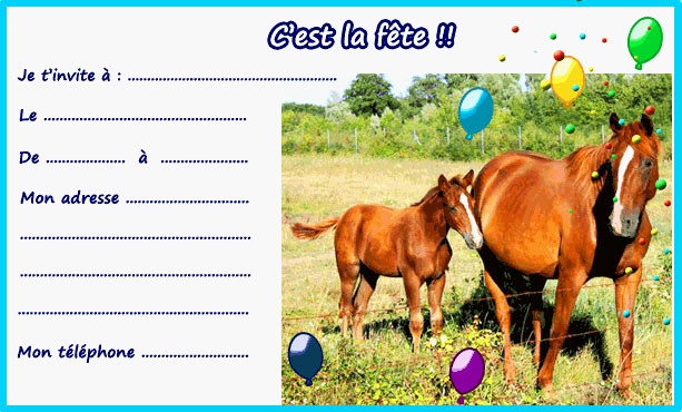 Carte invitation pour anniversaire chevaux