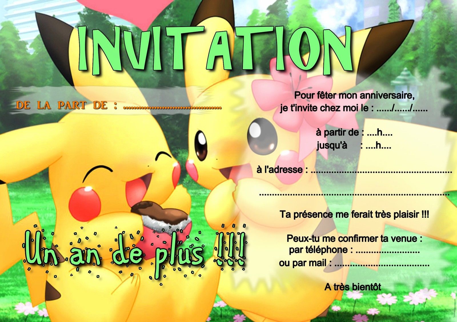 Carte d'invitation anniversaire pikachu - Jlfavero