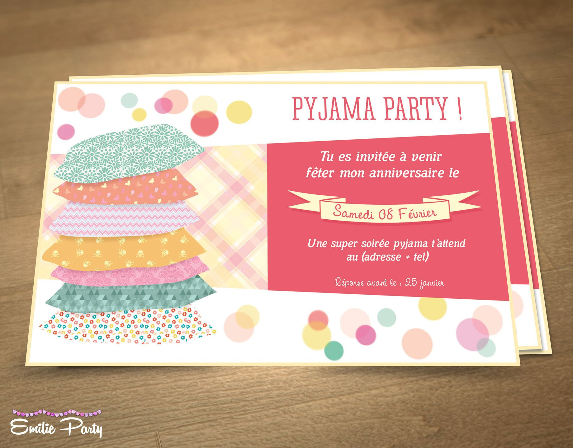 Carte invitation anniversaire soirée pyjama fille