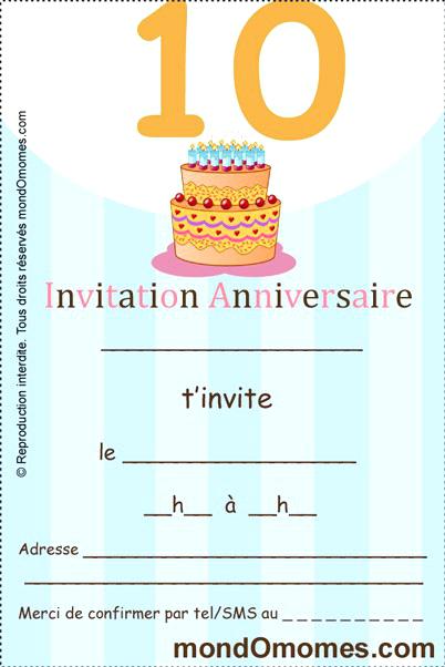 Carte d'invitation pour anniversaire 10 ans